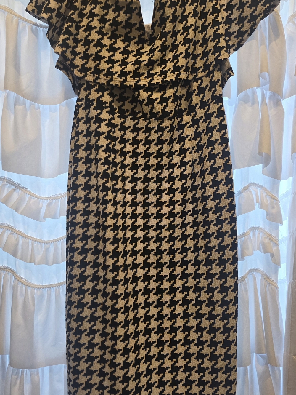 SHEIN Black & White Houndstooth Ruffle-Trim Midi Dress - Picture 6 of 6